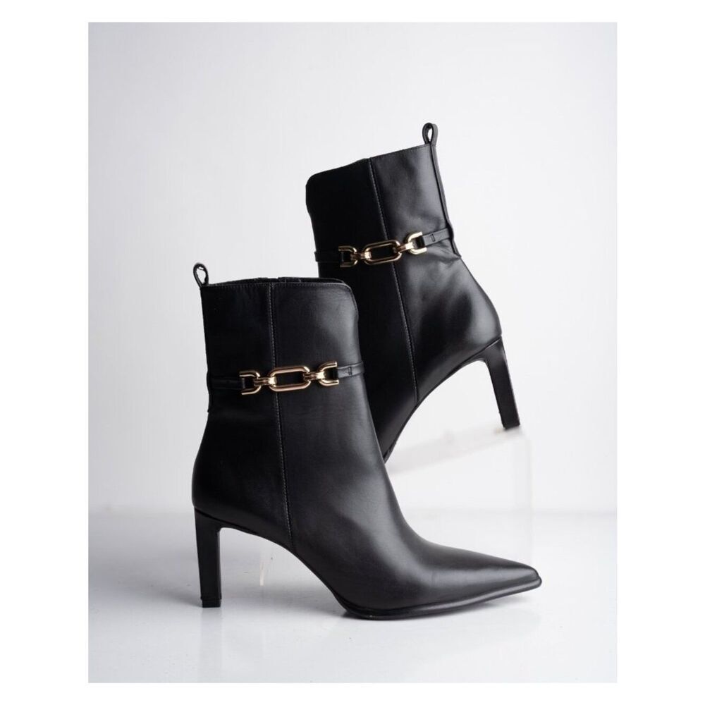 Zara Womens Leather Heeled Ankle Boots Gold buckle Black Sz US 10 EU 41 NWT